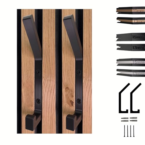 Garderobenhaken - 2 Stück farbig abgestimmte Kleiderhaken Akustikpaneele (Holz, Schwarz, Beton-Grau) - Haken ideal geeignet für 13 oder 15mm Lamellenabstand, stabil und sicher (Schwarz, 13mm)
