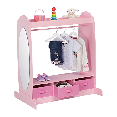 Relaxdays Kleiderständer Kinder, 5 Fächer, Kleiderstange Kinderzimmer, Haken und Spiegel, HBT: 107 x 97,5 x 61 cm, rosa