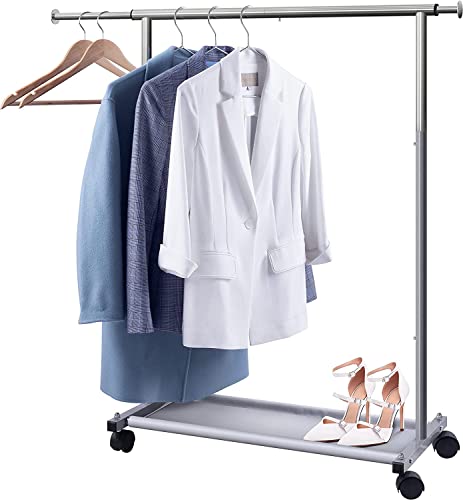 MISSLO Kurzer Kleiderständer mit Regal und Rollen Räder, Metall hängende Kleiderstangen Schwerlast verstellbare Kinder Kleidung Kleiderständer für Mäntel, Shirts, Pullover, Silber