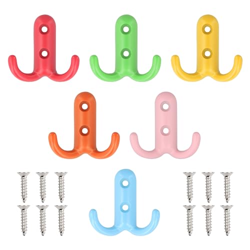 Litinliv 6 Stück Kleiderhaken Kinder Bunt,Klein Metall Haken mit 12 Schrauben,Haken Garderobe Doppelt,Wandhaken Retro Haken,Kleiderhaken Vintage,für Garderobenhaken Badezimmer Küche