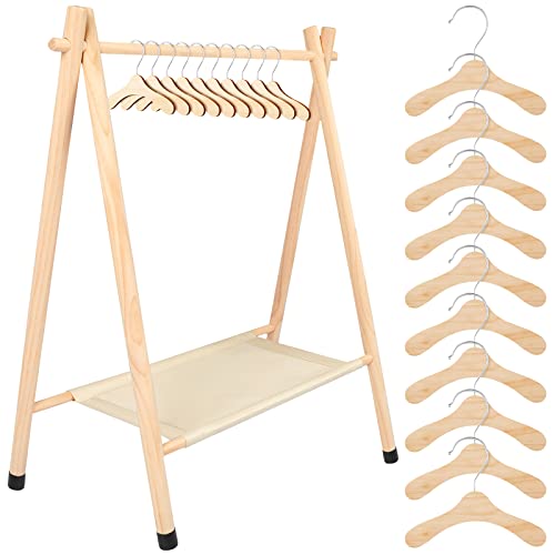 Queekay Kleiderständer für Kinder, aus Holz, für Kinder, Kleiderständer, Kleiderständer, Organizer mit 10 Hunde-Kleiderbügeln für Puppen, Kinder, Mädchen, Kleinkinder, Haustiere