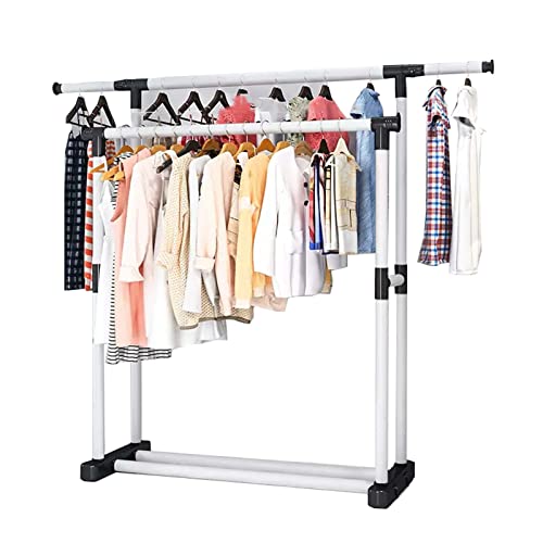 Robuster Kleiderständer mit Schuhregalen, 150 x 42 x 141 cm, rollbarer Metall-Kleiderständer, Doppelstab-Kleiderbügel, multifunktionale Kleideraufbewahrungslösung