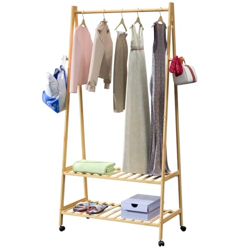 Casaria® Kleiderständer mit Rollen und Ablagen Holz Stabil Kleiderstange Bambus inkl. 4 Haken Garderobenständer 155x70cm Flur Garderobenständer Schmal Natur