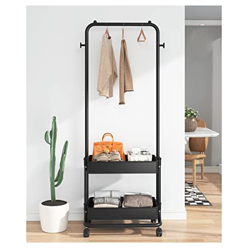 QHFTREX 2-in-1-Kleiderständer, Garderobenständer mit 2-stufigem Korb, Rollbarer Kleider-Organizer auf Rädern für Zuhause, Schlafzimmer, Wäscherei, kleine Räume, Eingangsbereich/Schwarz powerfully