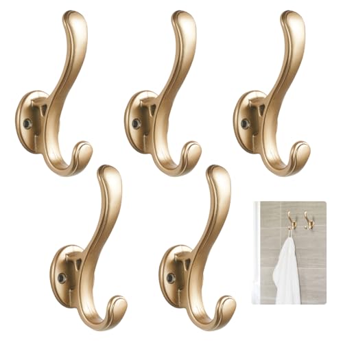 5 Stück Garderobenhaken Gold, Kleiderhaken Vintage Wand Gold, Aluminium Doppelte Wandhaken, Robuster Garderobenhaken, Coat Hooks mit Schrauben für Eingang, Garage, Schlafzimmer, Terrasse, Bad