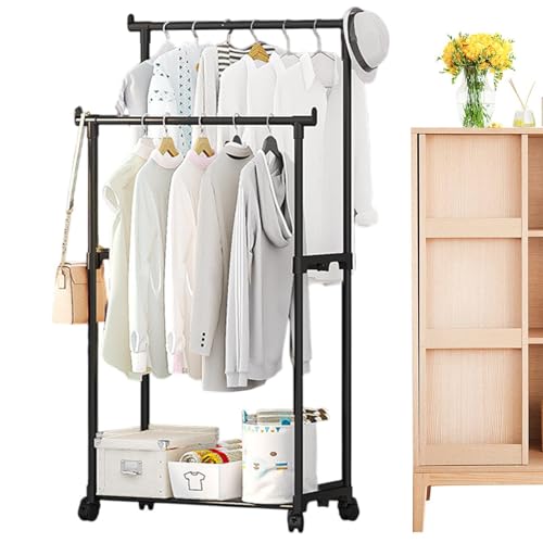 Rollbarer Kleiderständer – Doppelstangen-Kleiderständer, mobiler Kleiderständer, Metall-Kleiderständer, Rollen, Schrank-Organizer und Aufbewahrung, multifunktionaler Kleiderschrank, platzsparend für