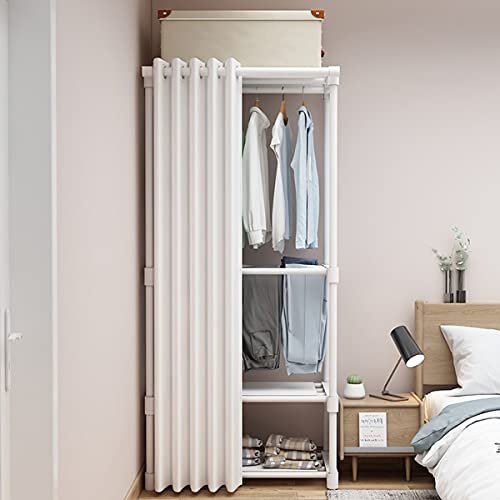 LTLJX Faltschrank, Stoffschrank, Kompakter Tragbarer Kleiderschrank mit Kleiderstange & 3 Fächern, Staubdichter Vorhang, Stabil Bodenständig Kleiderbügel, 3 Schichten,Weiß