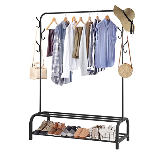 ColdShine Kleiderständer Metall Kleiderstange 110x33x150cm Freistehender Kleiderbügel mit Ablage Schlafzimmer Single Pole kleideraufbewahrung mit 2-Stufiger Storage Shelf und 6 Haken Bügel (Schwarz)