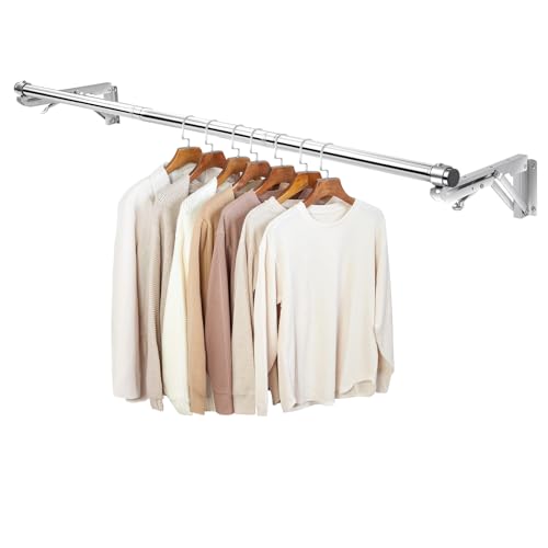TBMLC Faltbarer Wandgarderobe, 111,8 cm lange Stange und 2 Böden, Edelstahl, robust, abnehmbar, vielseitig einsetzbar, platzsparend, Kleiderständer, Pflanzenaufhänger, oberes Regal