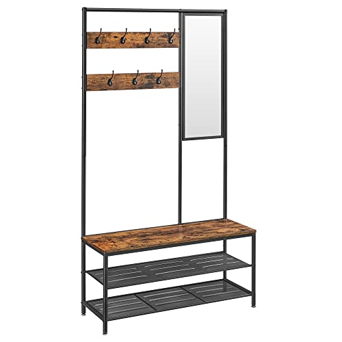 VASAGLE Kleiderständer, Garderobe, Garderobenständer mit Haken, Spiegel, Sitzbank, 35 x 98 x 180 cm, für Eingangsbereich, Schlafzimmer, Wohnzimmer, Industrie-Design, vintagebraun- schwarz HSR415B01
