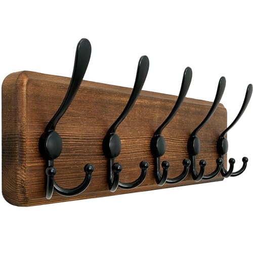WEBI Garderobenleiste,Garderobenhaken mit 5 Dreifachhaken,Wandgarderobe Holz,Kleiderhaken Wand,Hakenleiste Garderobe,Jackenhalter Wand für Mäntel,Jacken,Braun