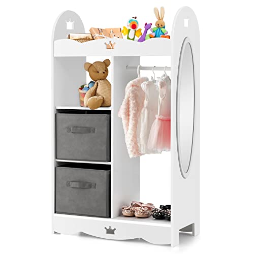 DREAMADE Kinderkleiderschrank mit Spiegel und 2 Aufbewahrungsbox und Kleiderstange, Kinder Kleiderschrank Kinderregal mit offener Ablagen, Kinder Kleiderständer für Kinderzimmer, 68x34x116cm