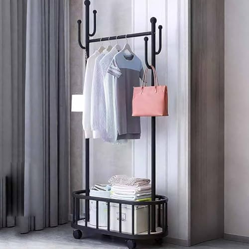 Rollbarer Kleiderständer mit Regalen, robuster Kleiderständer mit Haken, vielseitige Aufbewahrungslösung für Schlafzimmer, Schwarz, 60 cm – perfekt zum Aufhängen und Präsentieren von Kleidung
