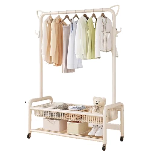 Kleiderständer Mit 2 Kleiderstangen, 2 Ablagen Garderobenständer Auf Rollen Metall Garderobe for Schlafzimmer/Flur/Eingangsbereich, Bis 90 Kg Belastbar(White,150 * 35.5 * 162cm)