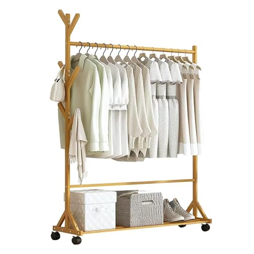 Kleiderständer auf Rollen, Rollbar Garderobenständer Bambus Kleiderstange Regale Aufhängen Freistehender Offener Kleiderschrank mit 6 Haken in Form von Ästen Garderobenständer(Color:wood,Size:100