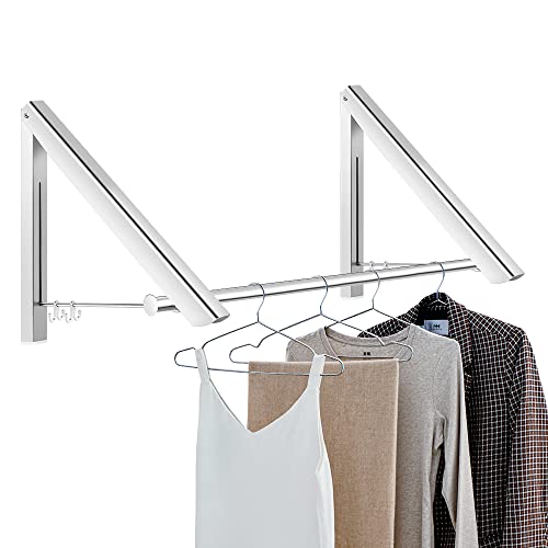 ERWEY Kleiderständer klappbar kleiderhaken kleiderstange wand 2 Stück Aluminum Kleiderbügel mit Stange und Haken Platzsparend für Balkon, Schlafzimmer, Badezimmer, Silber