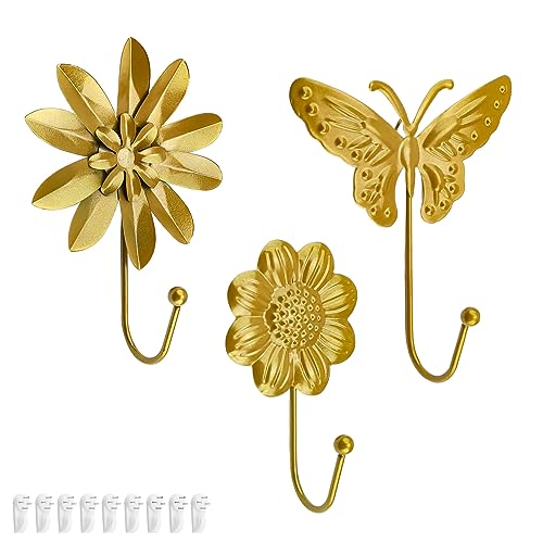 DEANKEJI Garderobenhaken Gold, 3 Stück Muster Kleiderhaken, Blumen und Schmetterlingsformen, Vintage Haken, für Schlafzimmer Küche Wohnzimmer Ddekorative