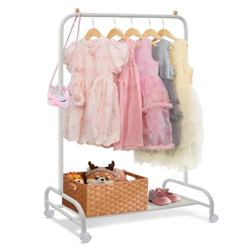 YGJT Kleiderständer kinder, Kleiderständer auf Rollen Garderobenständer, fahrbarer klein kleiderständer metall, kleiderständer stabil mit unterem Gestell Schuhregal für Mäntel, Röcke, Kostüme, Weiß