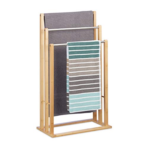 Relaxdays Handtuchhalter stehend mit 3 Handtuchstangen, Handtuchständer 3-armig für Bad, Bambus, H*L*W: natur, 84 x 48 x 26 cm