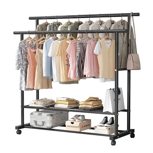 U.Uberlux 1.5m Kleiderständer mit Rollen und zwei Stangen, Kleiderbügel, Kleiderstange, Garderobenständer, Wäscheständer, Multifunktional, Schlafzimmer, mit Ablage für Schuhe, bis zu 130kg belastbar