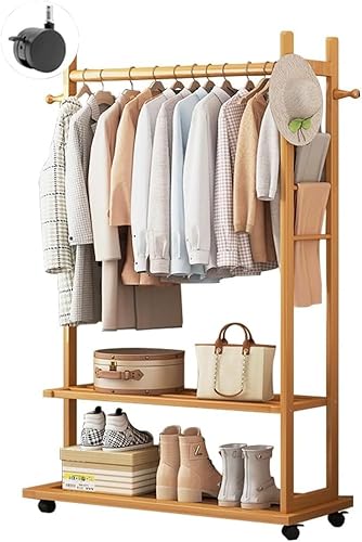 Bambus-3-in-1-Kleiderständer mit Rollen, Garderobenständer, Schuhregal, Haken, stark, langlebig, einfach zu installieren, 92 x 33 x 158 cm
