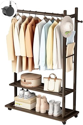 3-in-1 Bambus-Kleiderständer mit Rollen, Garderobenständer, Schuhregal, Haken, stark, langlebig, einfach zu installieren, 92 x 33 x 158 cm