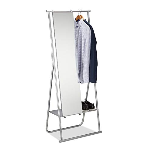 Relaxdays Metall Garderobe mit Ganzkörperspiegel, Kleiderstange & Ablage, Garderobenständer HBT 156,5x64,5x39 cm, silber