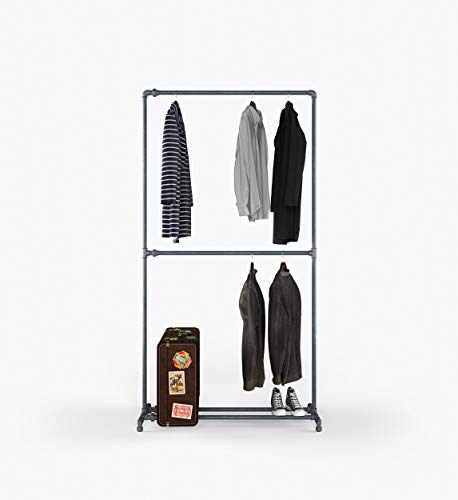 KWERQUS | Anton - Doppelte Kleiderstange mit Schuhablage - freistehend | Garderobenstange Vintage | Stabile Industrial Design Kleiderstange | Kleiderständer aus Metallrohren | Kleiderstange schwarz