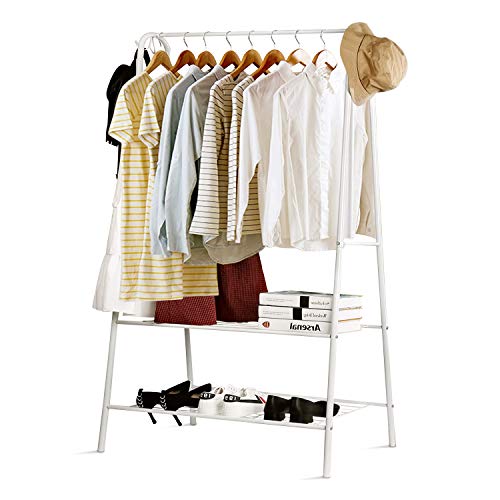 INTEY Kleiderstange, Kleiderständer, Wäscheständer, mit Schuhregal, 2 Ablage, 4 Haken, hochwertiges Metall, 158 x 75 x 43 cm, Belastbarkeit 40 kg, Weiß(Lieferung 3-5 Tage)