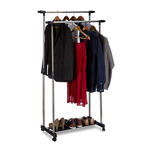 Relaxdays Rollgarderobe mit 2 Kleiderstangen, ausziehbar, Kleiderständer auf Rollen, HBT: 162x150x48 cm, Silber/schwarz