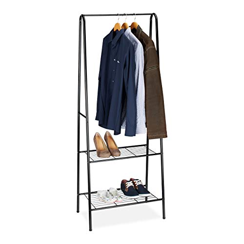 Relaxdays Kleiderständer SANDRA mit 2 Ablagen, Metall, Garderobenständer, mit Kleiderstange, HBT: 160 x 61,5 x 38 cm, schwarz